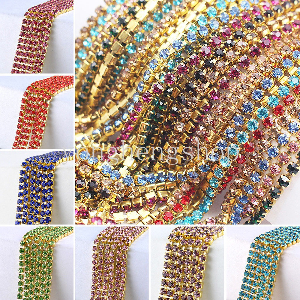 1M Thủy Tinh Nhiều Màu Sắc Pha Lê Kim Cương Giả Dây Xích Viền 2 / 2.5 Mm May May Trên Keo Cốc DIY Th