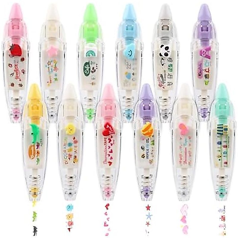 12pcs Decorative Tape Pen, Cute Animals Press Type Decorative Pen Tape Roller Pen DIY Creative Carto