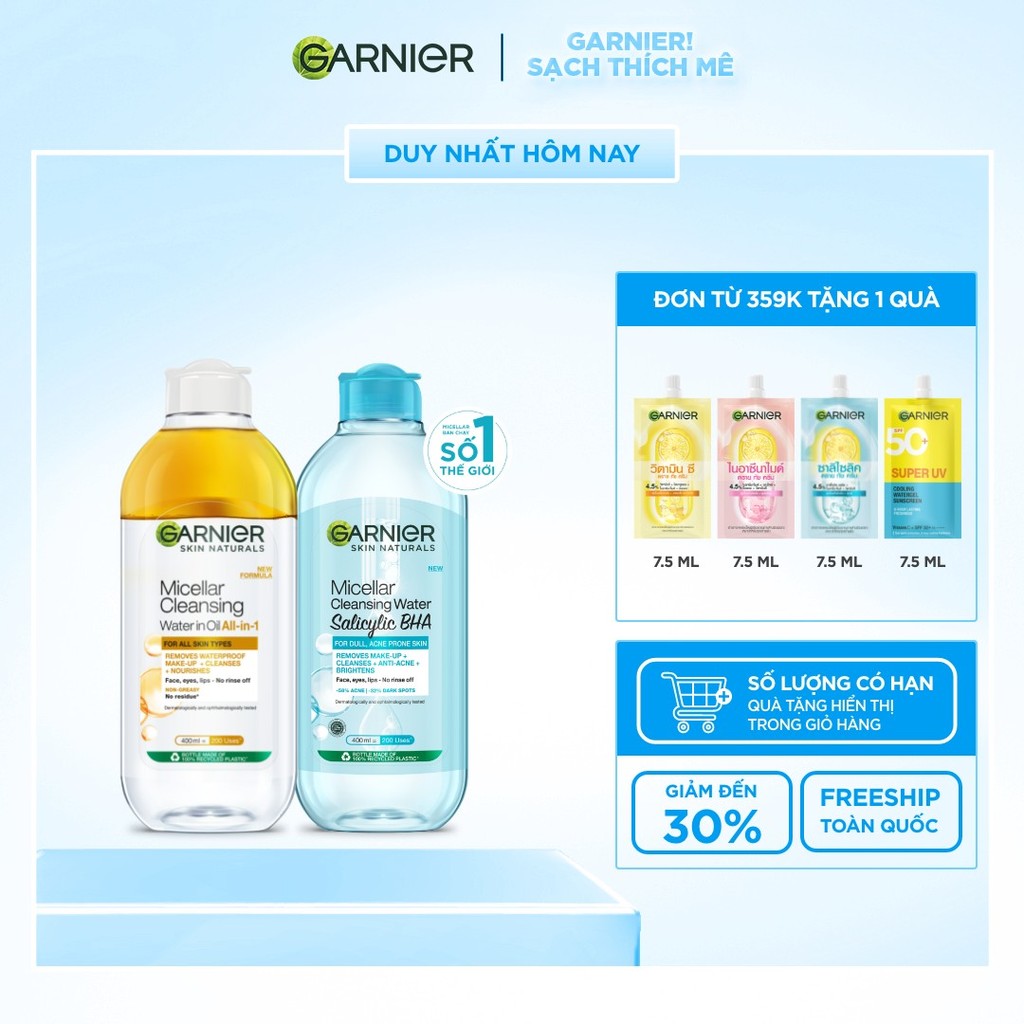 Bộ 2 Nước tẩy trang dành cho da dầu mụn & trang điểm Garnier Micellar Water (400mlX2)