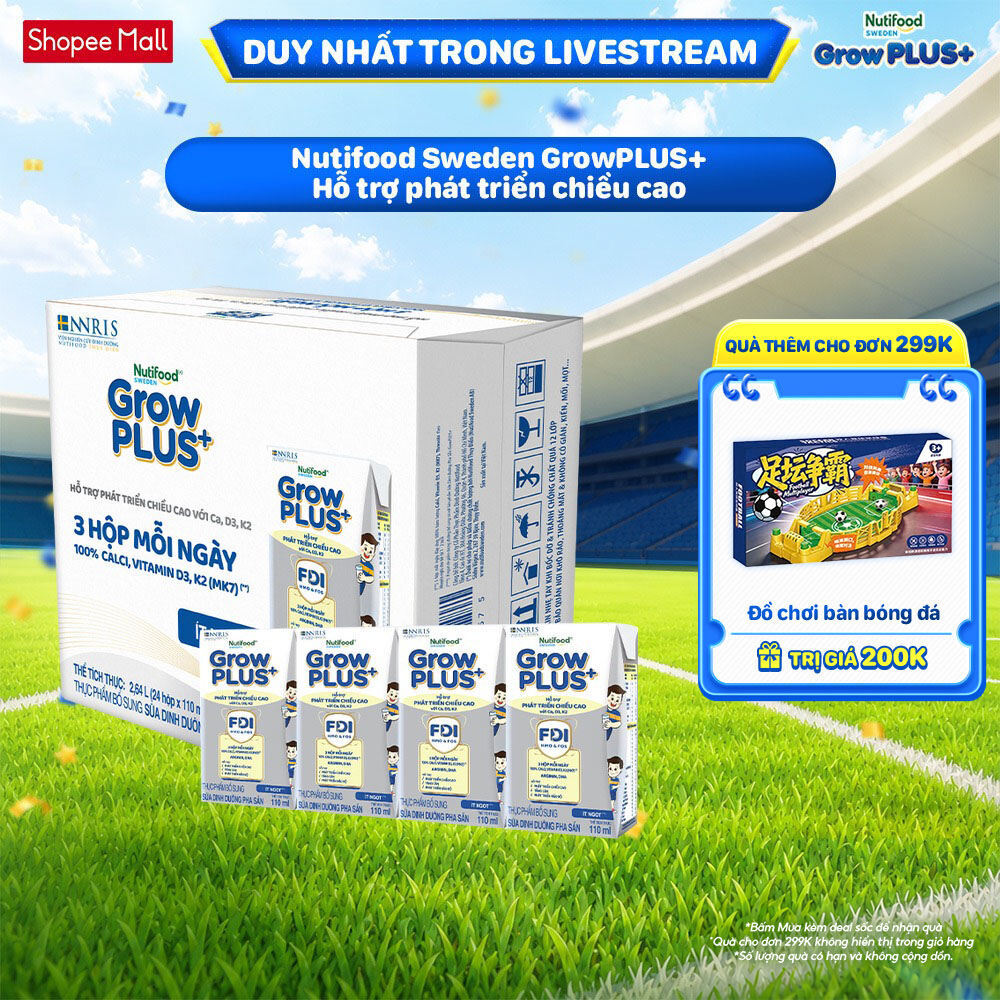 Thùng 24 hộp Sữa Bột Pha Sẵn Nutifood Sweden GrowPLUS+ Cao lớn vượt trội hộp 110 ml