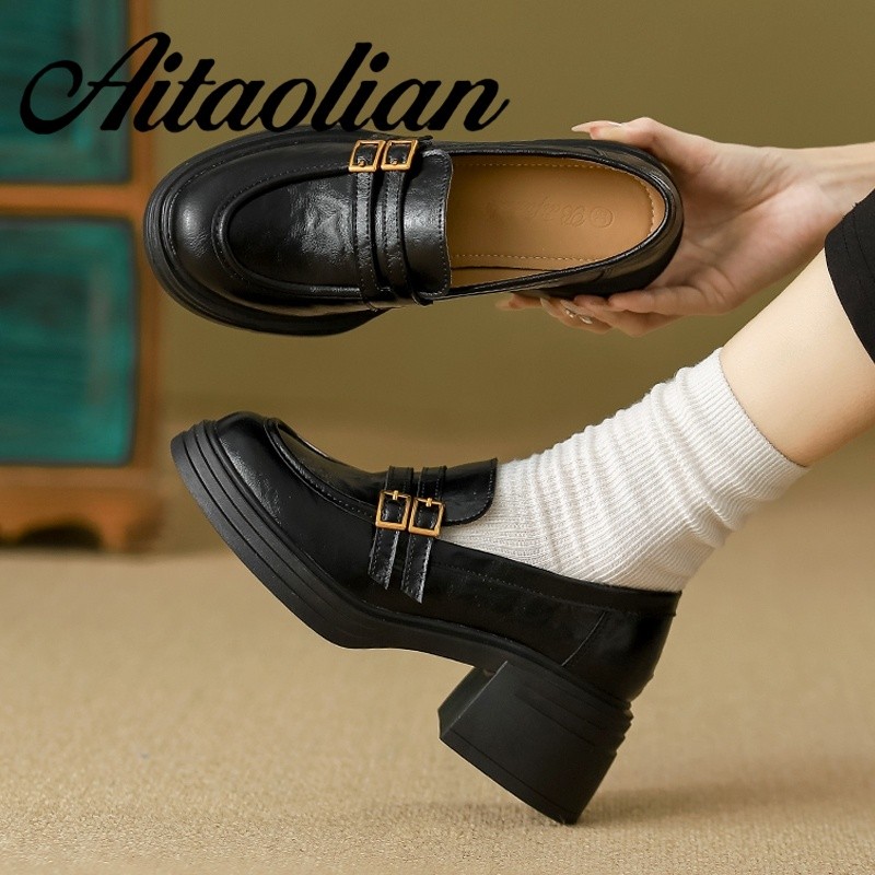 (Size 34-40) Da Thật Chính Hãng 6cm Brogue Khắc Giày Nữ Giày Đế Giày Nữ Nữ Giày Da Phong Cách Anh Gi