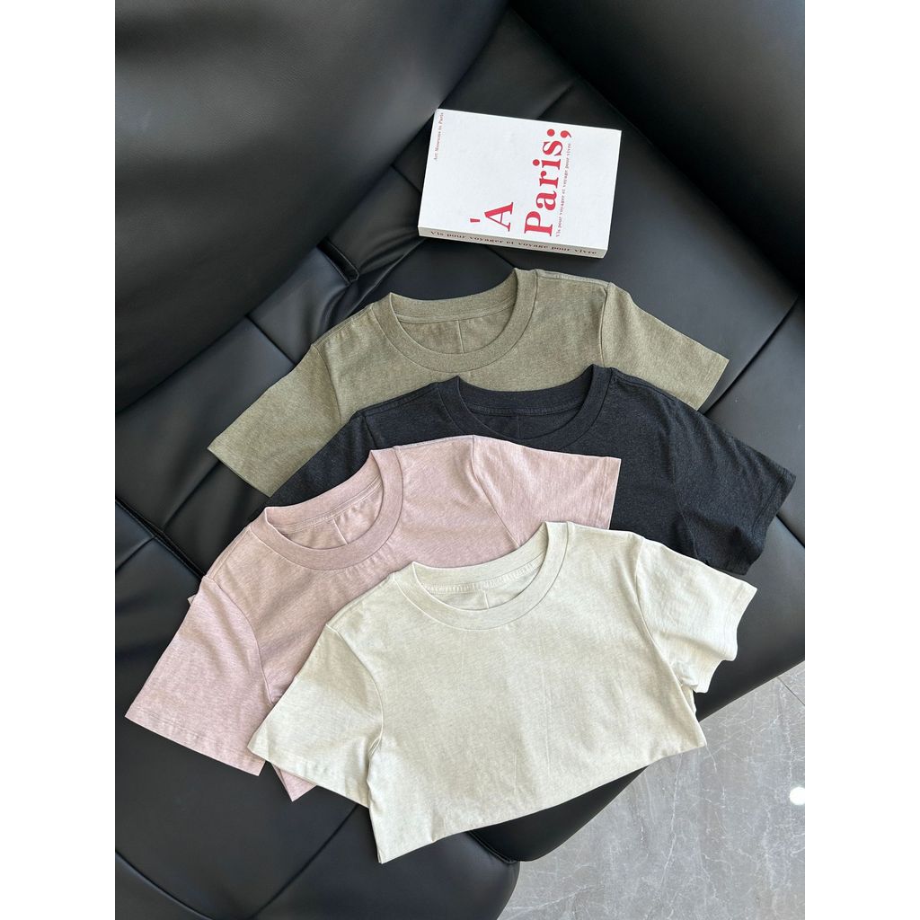 MUNR Th**ow Row Organic pure cotton plain fabric versatile women's round-neck casual short-sleeve sh