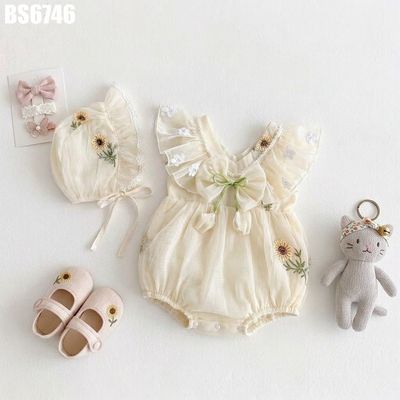 Set Body Váy Sơ Sinh Bé Gái Bèo Nhún Thêu Hoa Hướng Dương Mũ Tiểu Thư Công Chúa MINTSCLOSET BS6746