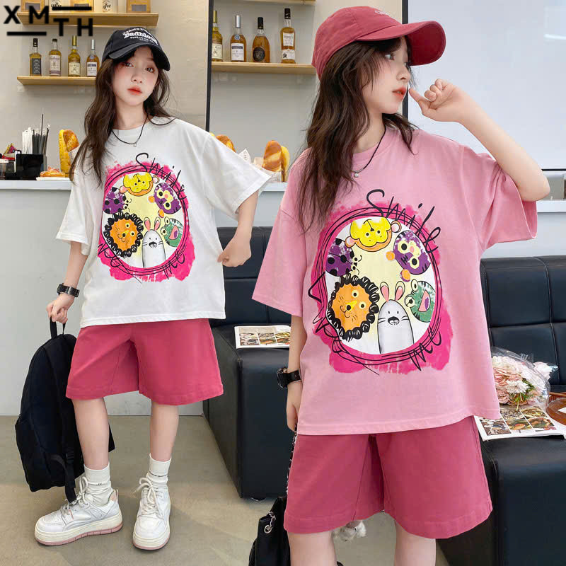 Set đồ bộ mặc nhà bé gái cotton mát mùa hè. Bộ áo thun quần cộc trẻ em nữ 6-14 tuổi size đại 18-50kg