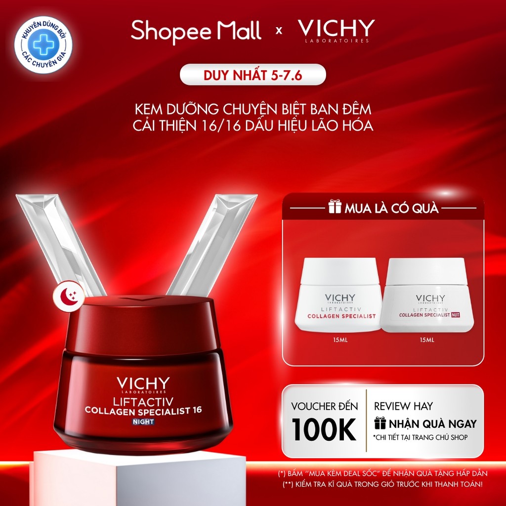 Kem dưỡng đêm Vichy Collagen 16 giúp trẻ hóa da, ngăn ngừa và giảm nếp nhăn, làm sáng da, giúp da căng đầy 50ml