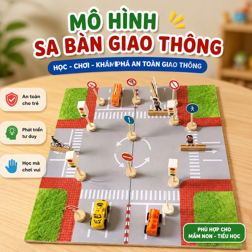Mô hình sa bàn giao thông nhựa mầm non, tiểu học, mô hình giao thông STEAM, dạy học cho bé