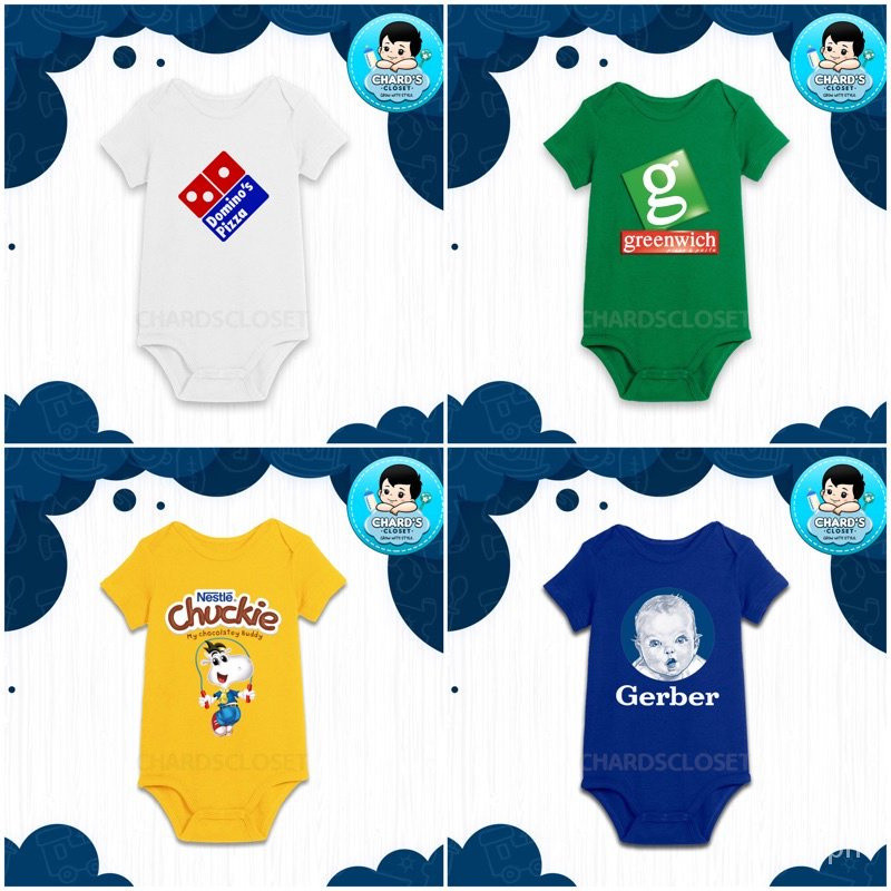 In Logo thực phẩm tùy chỉnh trên Baby Onesie (Domino 's Pizza, Greenwich, Chuckie, Gerber) HRGR
