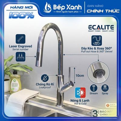 [CHÍNH HÃNG] Vòi Rửa Chén Nóng Lạnh Ecalite EF-H110C - Có dây rút - Đồng thau mạ Chrome 100% - Bảo Hành 3 Năm