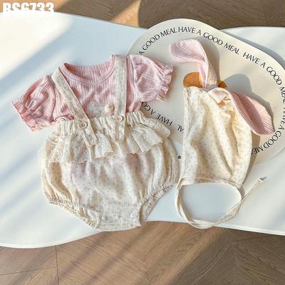 Set Body Yếm Sơ Sinh Bé Gái Kèm Mũ Tai Thỏ Họa Tiết Hoa Nhí Phối Bèo Ren Vintage MINTSCLOSET BS6733