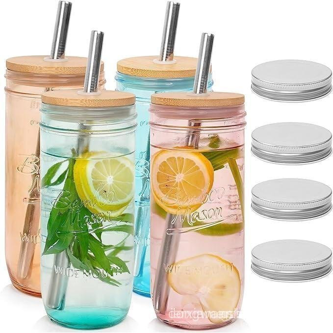 Mason Life 24 oz Miệng Rộng Mason Jar Uống Ly Cà Phê Đá Có Nắp Và Ống Hút, Mason Jar Kính Uống Nhiều