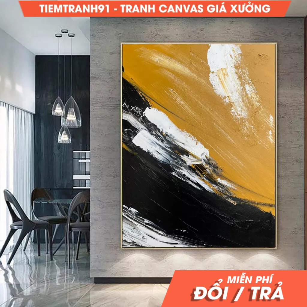 Tranh treo tường, Large Yellow Painting Abstract Art, Extra Large Black Painting On Canvas,Large Whi