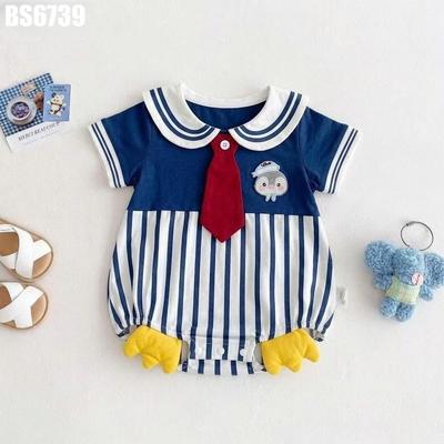 Body bé gái cổ thủy thủ kẻ sọc phối cà vạt đỏ hình thêu chim cánh cụt đáng yêu MINTSCLOSET BS6739