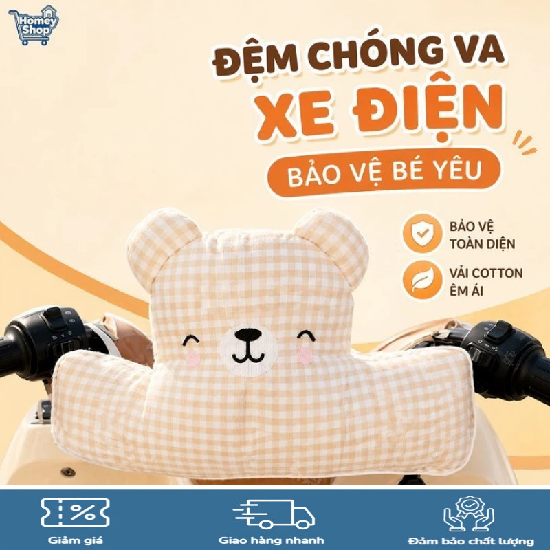 Đệm chống va xe điện cho bé,gối bảo vệ đầu,cotton,êm dày,an toàn,ghế trước,hình gấu-HomeyShop