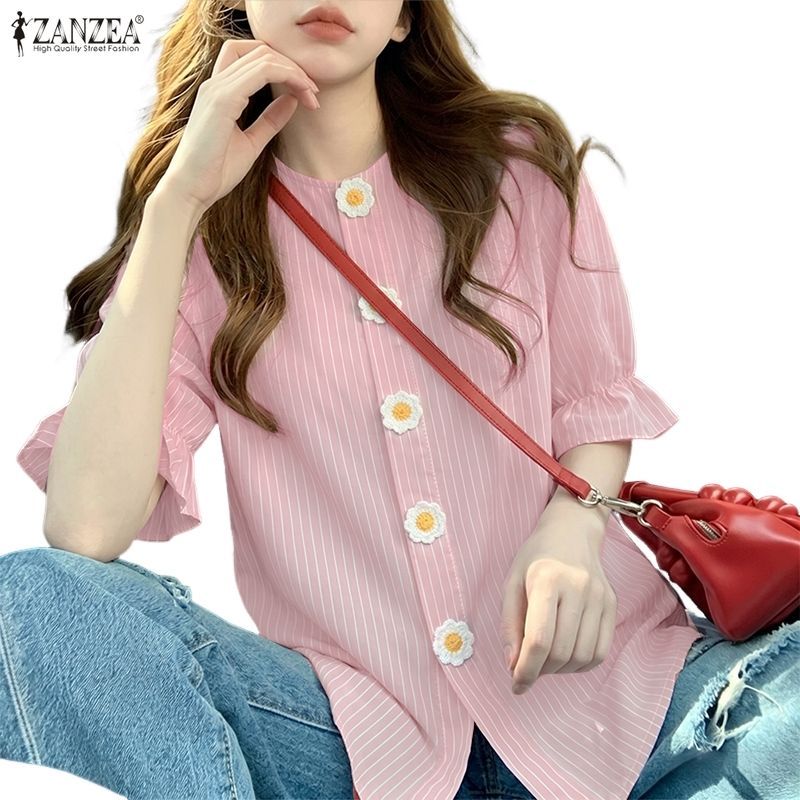 ZANZEA Nữ Hàn Quốc Sọc Màu Trơn 3D Hoa Cổ Tròn Tay Ngắn Rời H-Line Áo | BigBuy360 - bigbuy360.vn