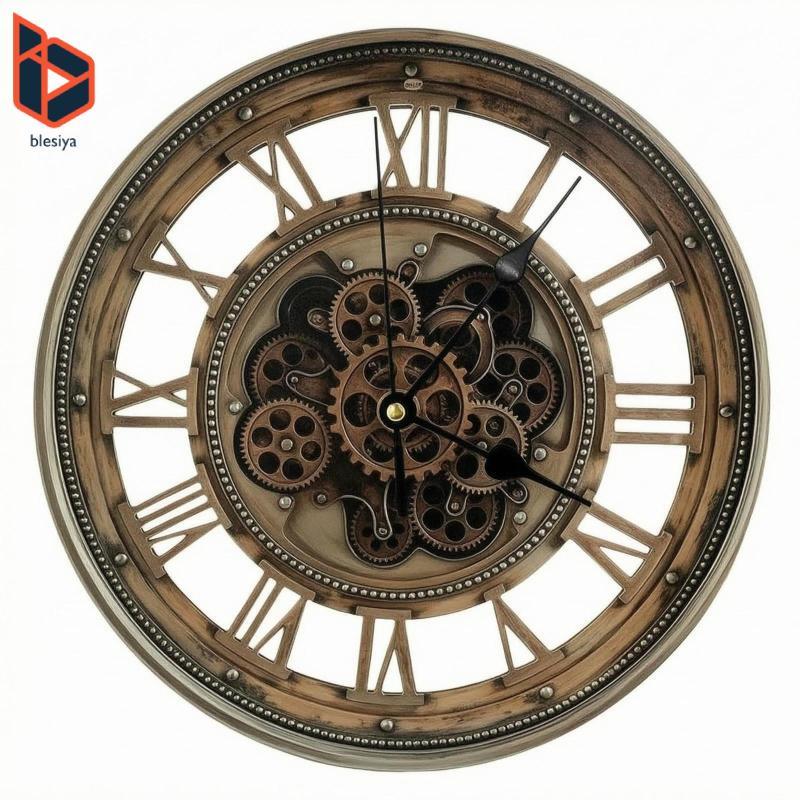 Blesiya Đồng hồ treo tường trang trí ngoài trời lớn Mặt số bằng gỗ Đồng hồ treo tường cổ điển số La 