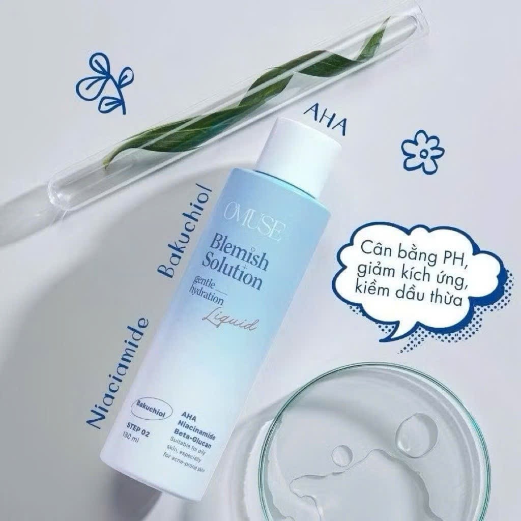 Toner Omuse Blemish Solution Gentle Hydrating Liquid 180ml - Cấp Ẩm, Kiểm Soát Dầu, Hỗ Trợ Giảm Mụn