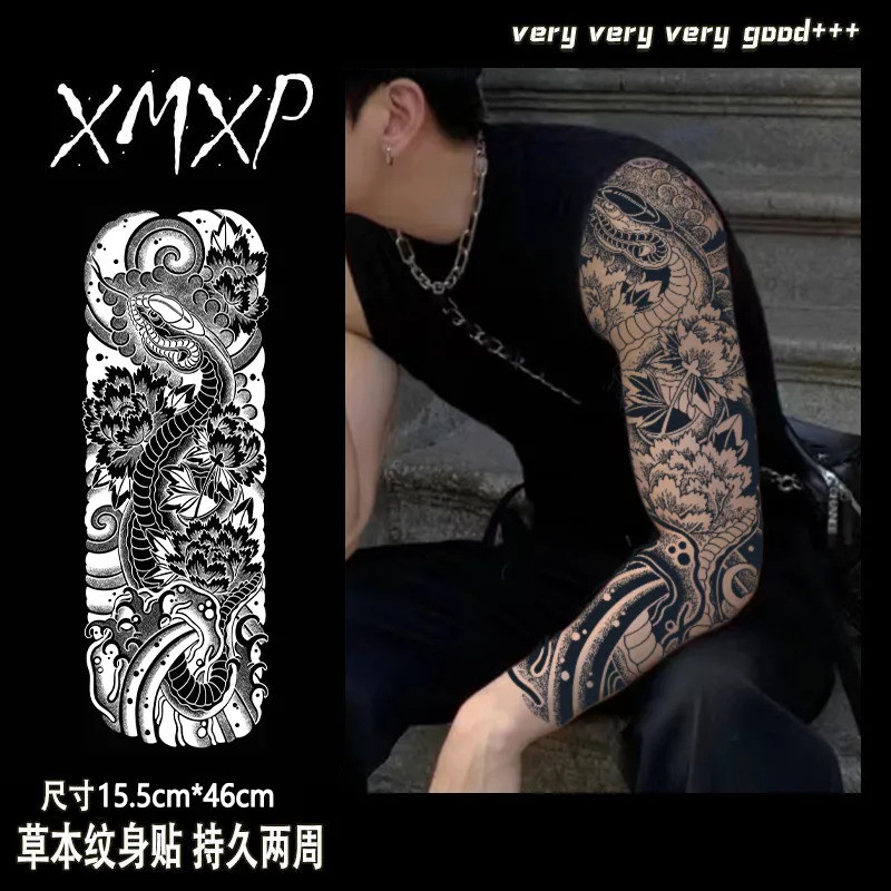 Hình xăm tạm thời xmxp Full Arm Flower Snake Nhãn dán hình xăm thảo dược chống thấm nước lâu trôi Cũ
