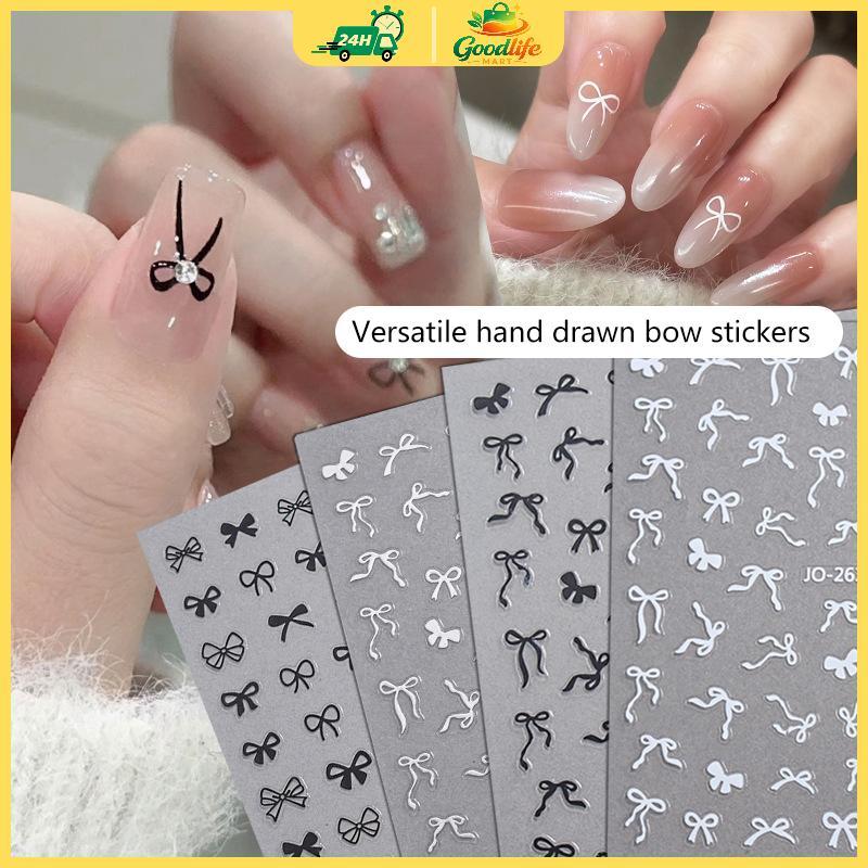 5D ngọt ngào Bow tự dính Nail Stickers Pink Black White Ribbon Kawaii DIY Nail Art