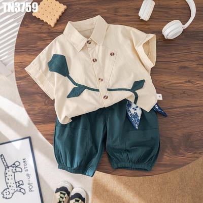 Set Bộ Quần Áo Bé Trai Áo Sơ Mi Cúc Lệch Họa Tiết Cành Lá Phối Quần Dài Bo Gấu MINTSCLOSET TN3759