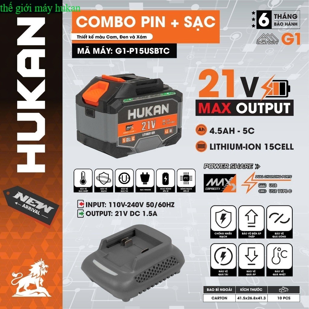 MẪU MỚI - COMBO PIN SẠC 15CELL HUKAN G1-P15USBTC DUNG LƯỢNG 4.5AH,, CỔNG SẠC USB + TYPE C THẾ GIỚI M