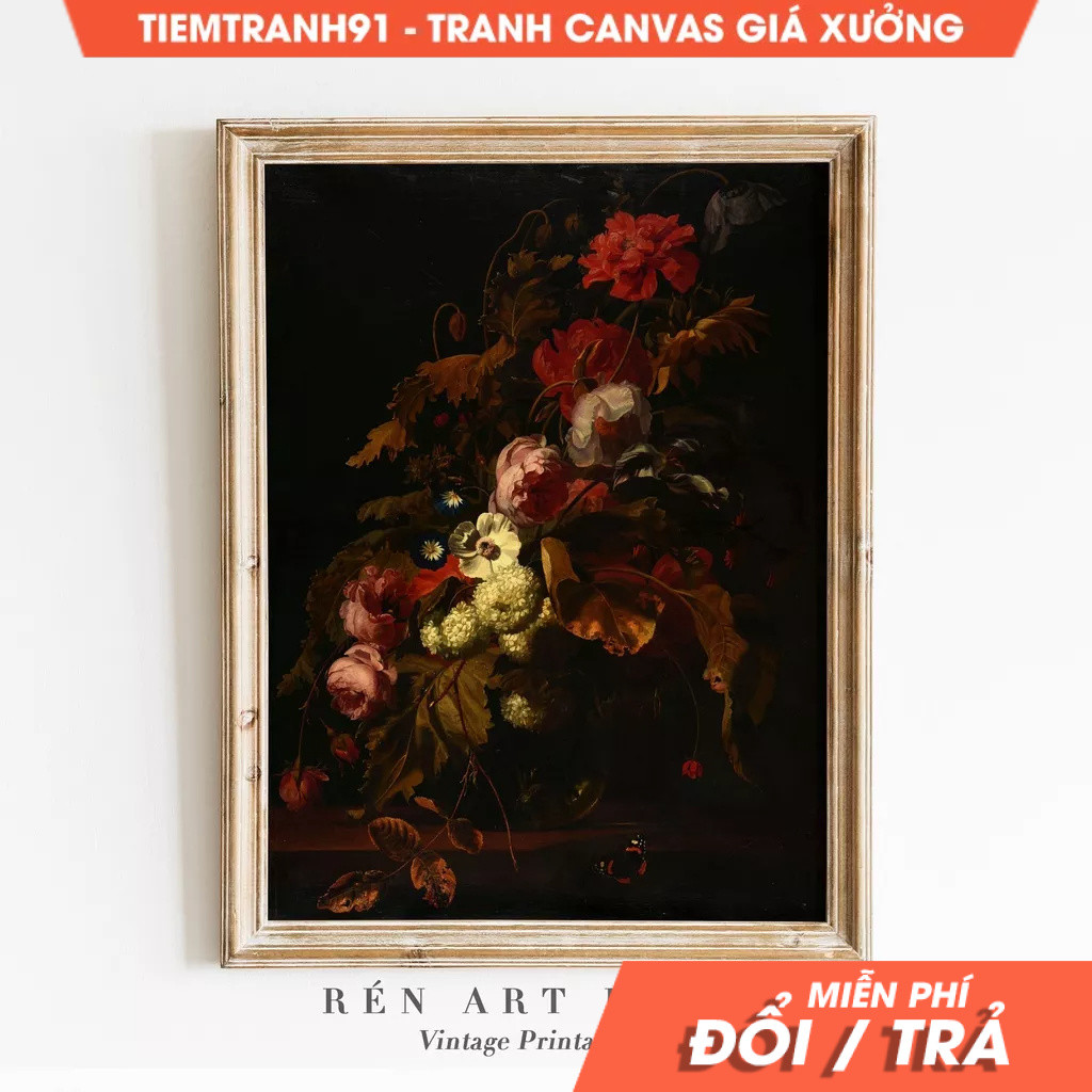 Tranh treo tường, Moody Floral Antique Oil Painting Wall Art Dark Flower Moody Wall Art Dark Academi