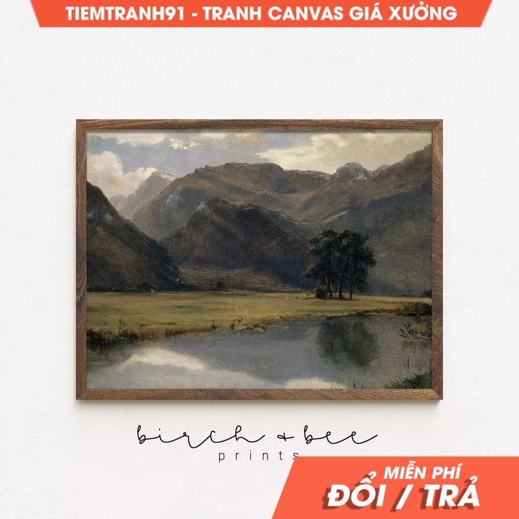 Tranh treo tường Vintage Mountain Valley Painting  European River Landscape Art Antique Cabin Art #1