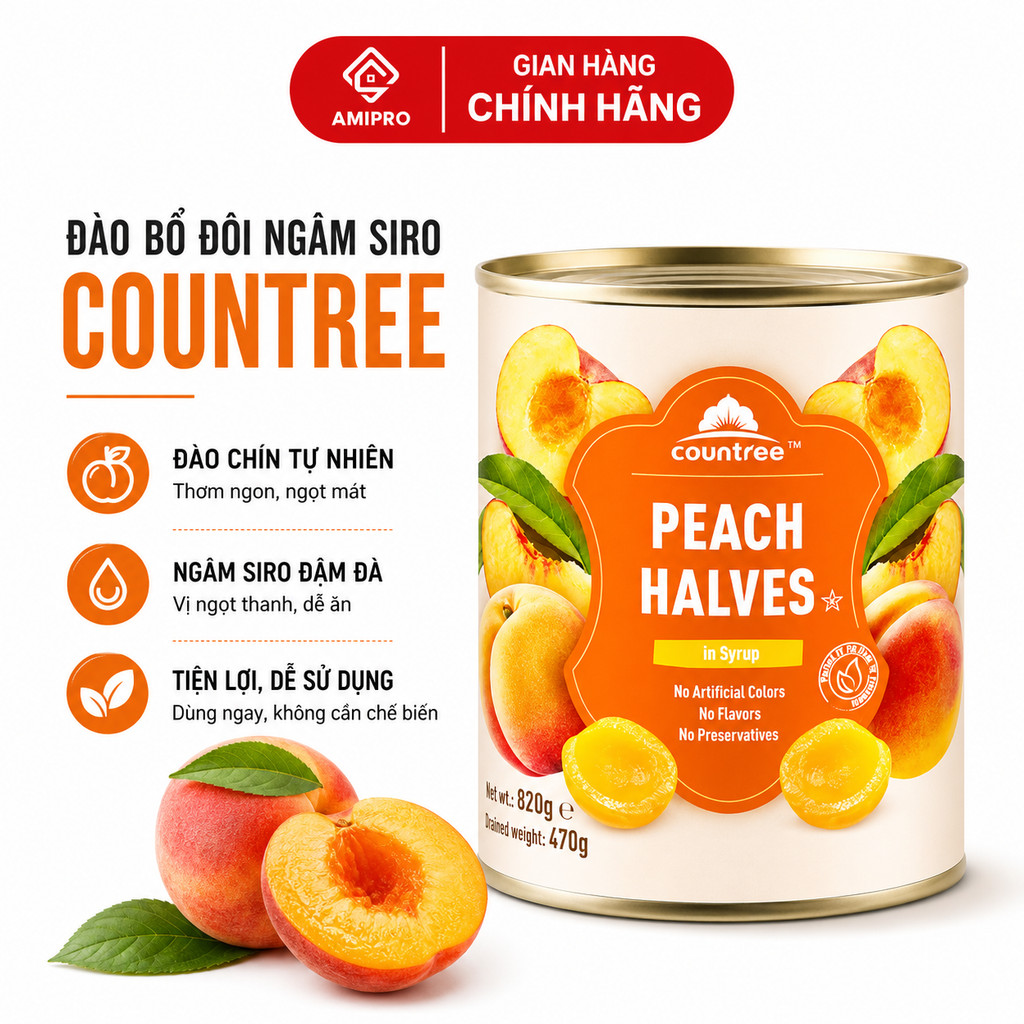 Đào Bổ Đôi Ngâm Siro Countree 820g Đào Ngâm Siro Cao Cấp Dễ Chế Biến