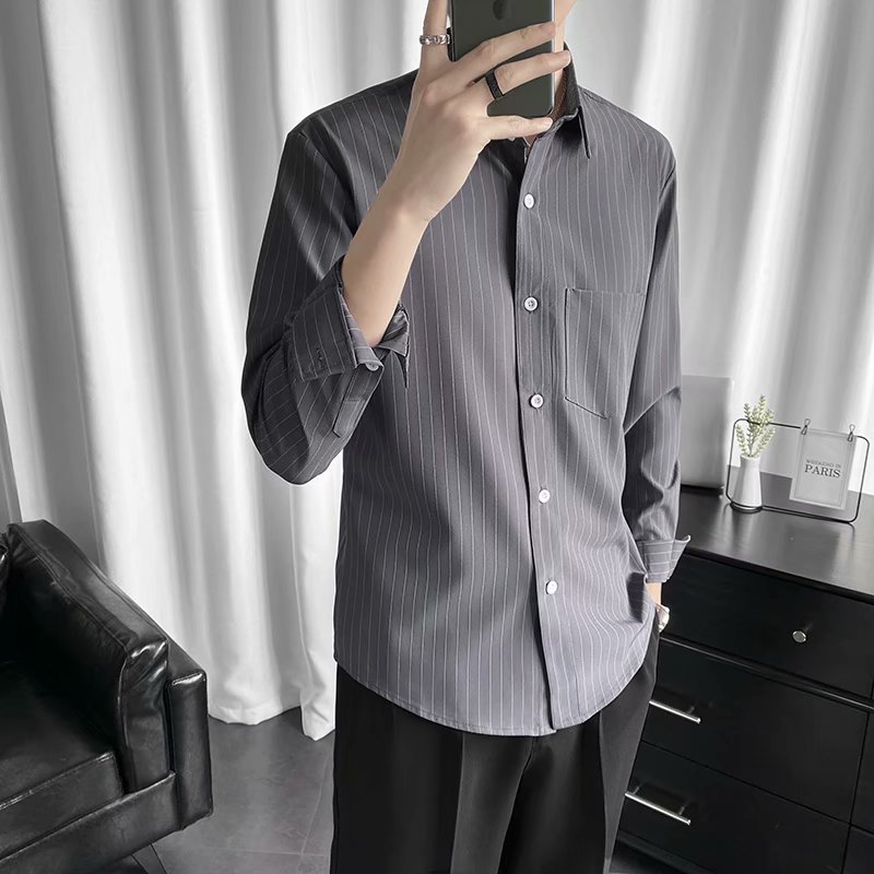 Áo sơ mi chất lượng cao hợp thời trang mùa thu Màu xám nhạt sọc nơi làm việc Công sở Slim-fit Top Tố