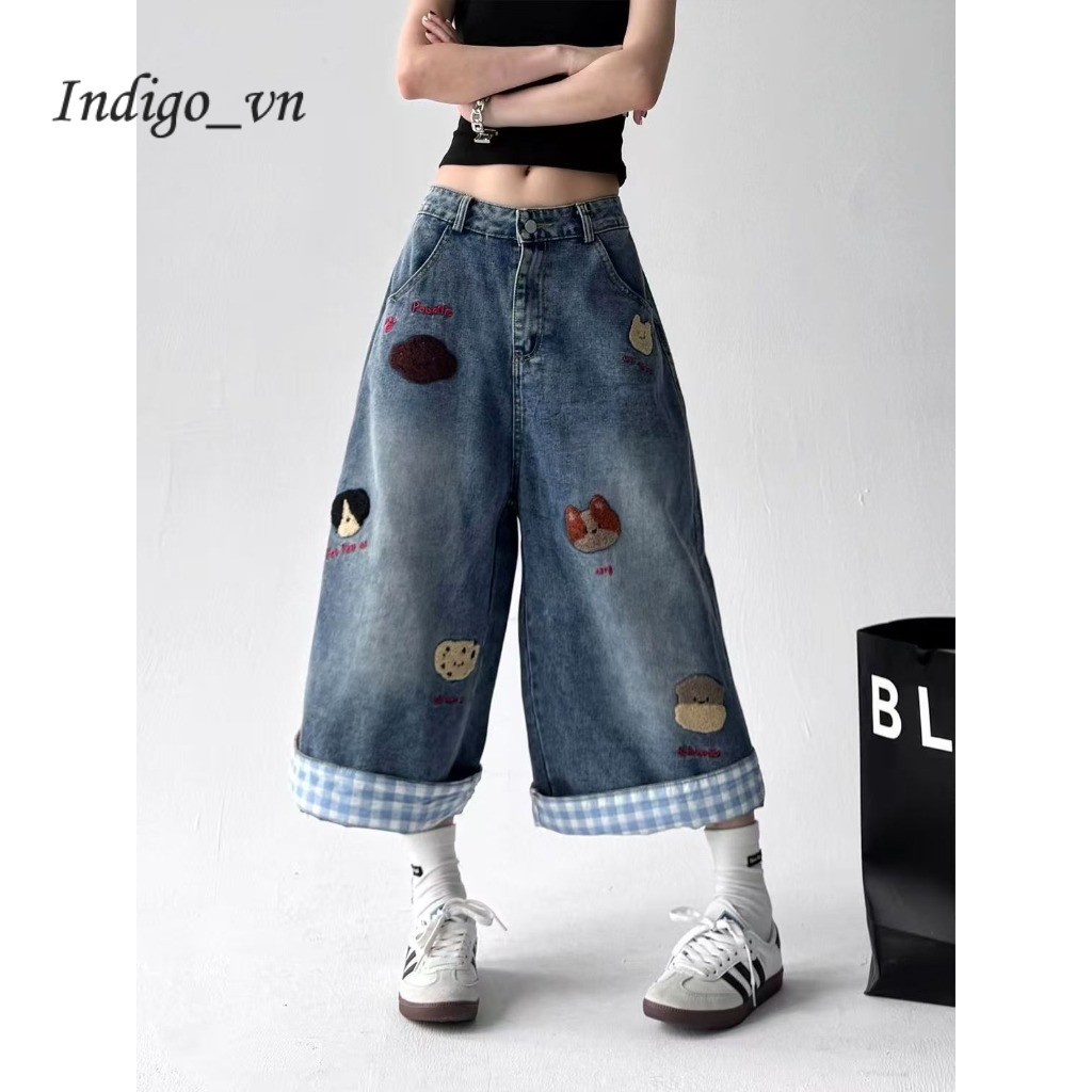 【Indigo】 Quần Short Denim Thêu Hình Con Chó Con Đã Giặt Quần Ống Rộng Ống Rộng Cổ Điển