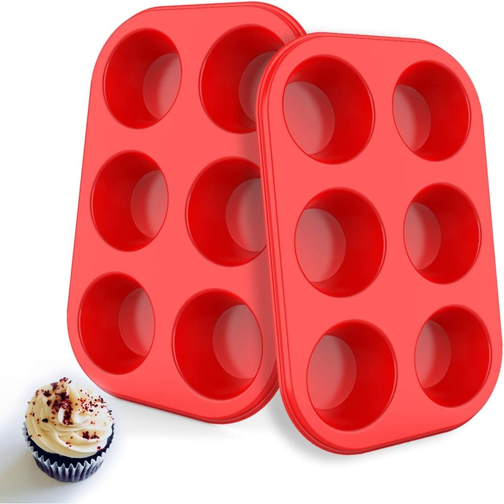 Chảo Muffin Silicon 6, Chảo Nướng Bánh Cupcake Silicon LFGB Châu Âu - Bộ 2, Thiếc Muffin Chống Dính,