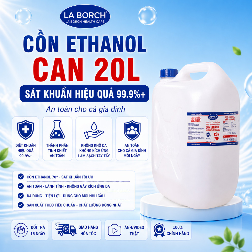 [CAN 20L] Cồn Y tế Sát khuẩn  Ethanol LABORCH can 20L 70 độ, 90 độ, 96 độ, Có Hương