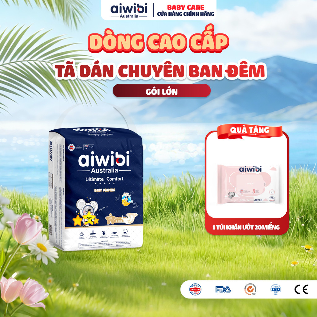 Tã/Bỉm Dán Cao Cấp Aiwibi Chuyên Ban Đêm Ultimate Comfort - Gói Lớn S/M/L
