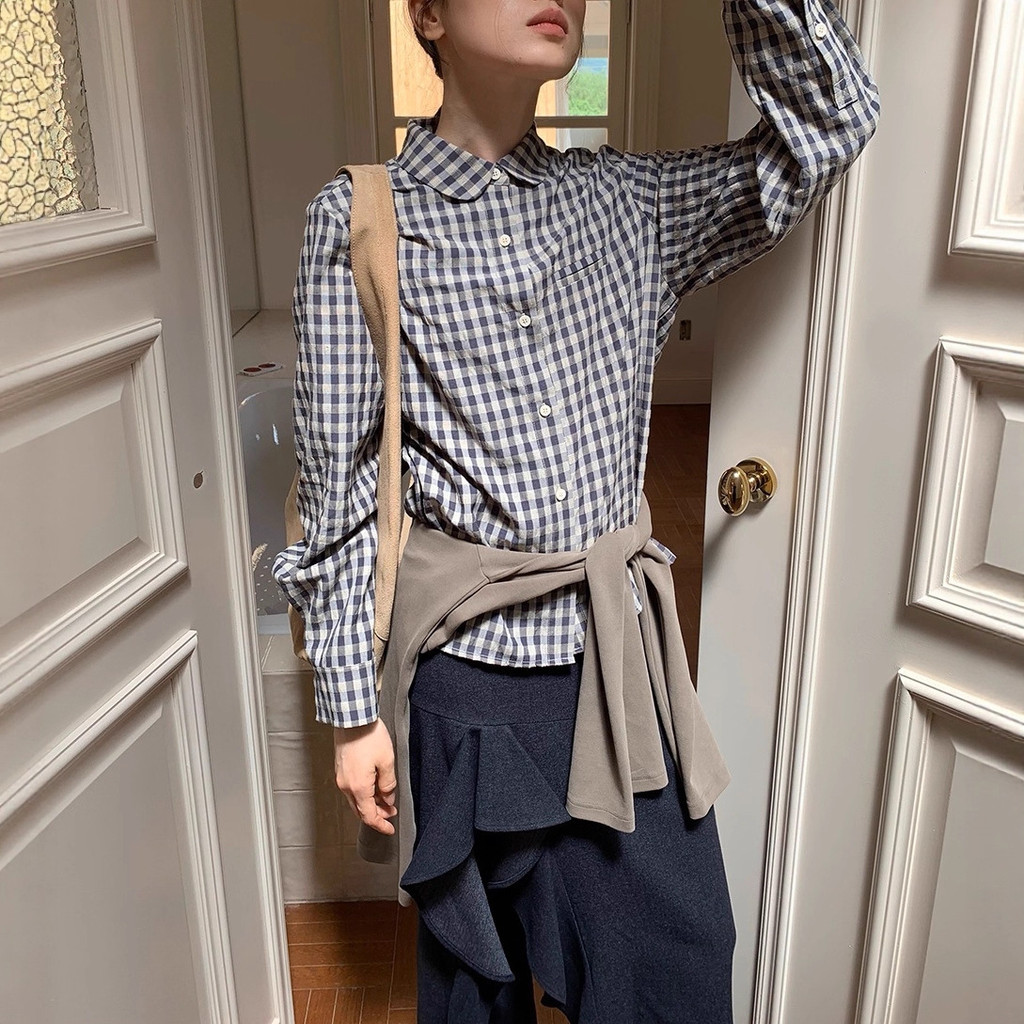 Navy blue plaid small round-neck shirt, new Chinese-style top, blue youthful and stylish checkered s