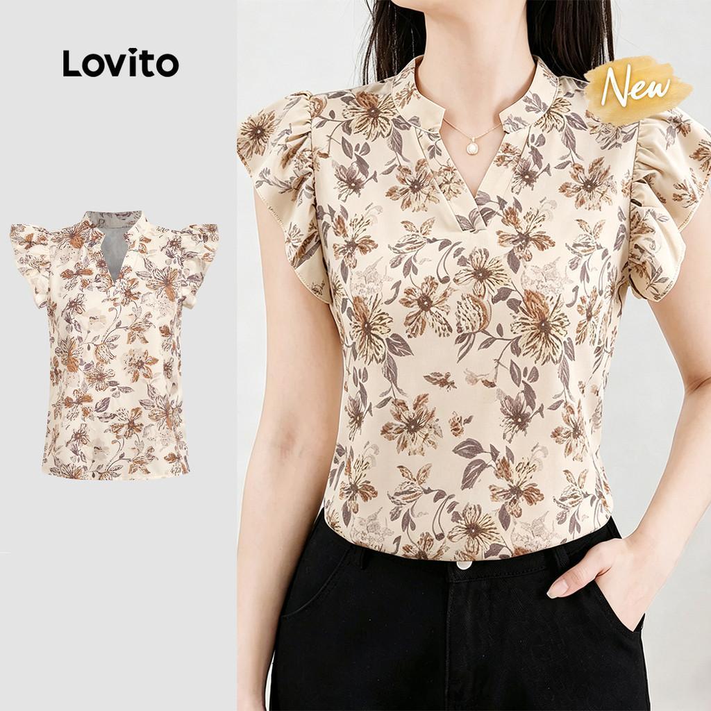 (New Arrival) Lovito Áo sơ mi nữ tay bèo hoa áo sơ mi mùa xuân/hè L195AD300