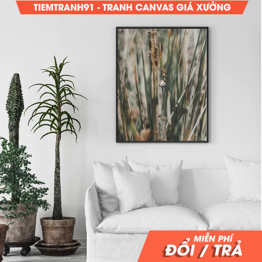 Tranh treo tường, Snail on stalk, living room decor, boho wall, slug, nature photography, green, tặn