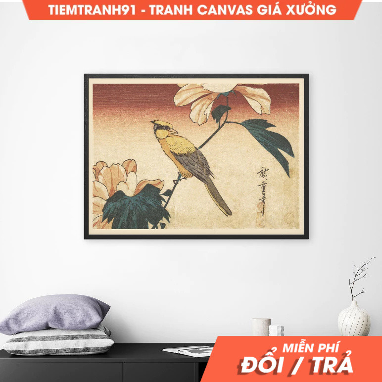 Tranh treo tường, Japan Woodblock Utagawa Hiroshige - Hibiscus Mutabilis and Jay 1840 Poster, Japan 