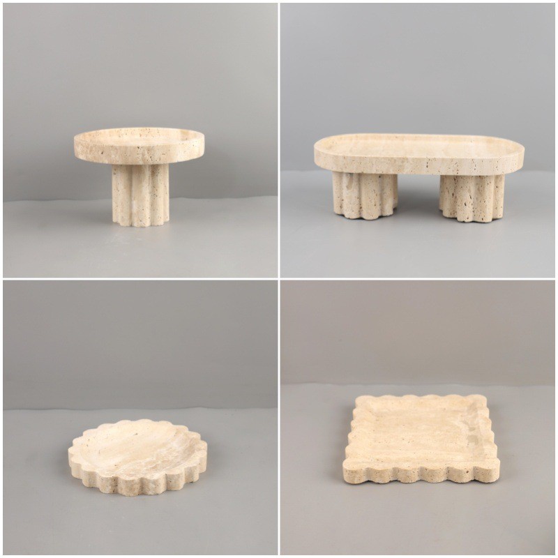 Modern minimalist wabi-sabi style geometric travertine tray ornament for living room, dining room, e