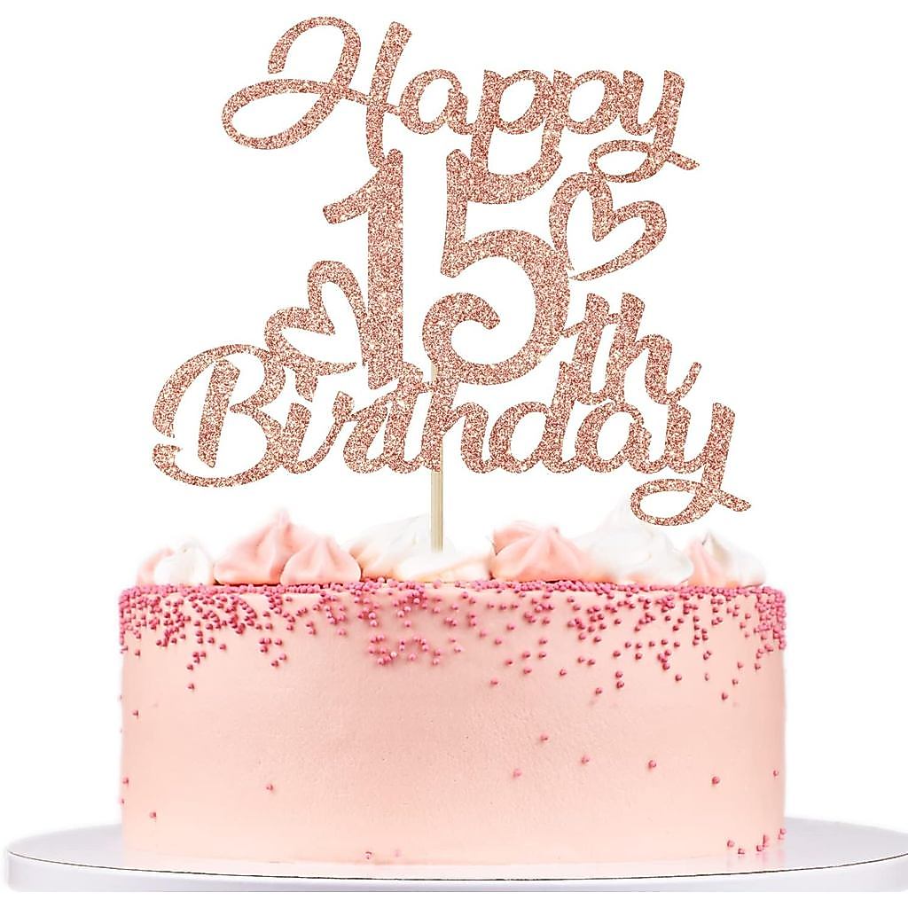 Rose Gold Glitter Happy 15th Birthday Cake Topper - Hello 15, Cheers to 15 Years, 15 & Fabulous, Tra