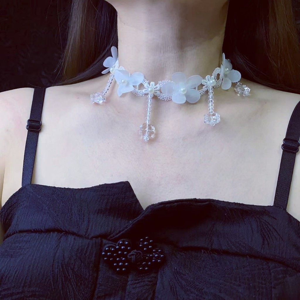 Pháp Siêu Cổ Tích Trắng Ren Hoa Ngọc Trai Pha Lê Tua Rua Vòng Cổ choker Nữ Ánh Sáng Sang Trọng Niche