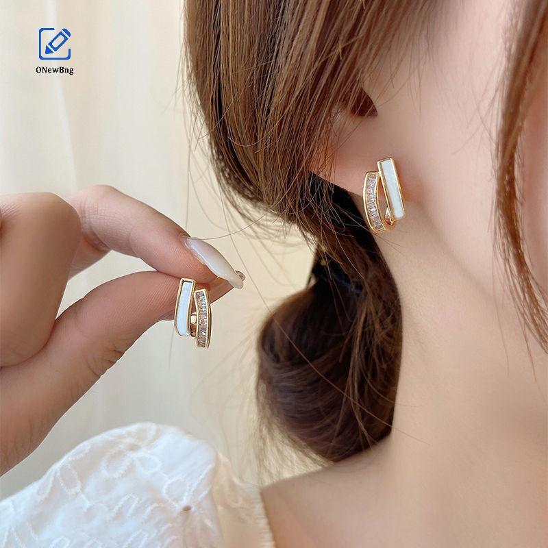 ONew 1 Ánh Sáng Sang Trọng Vỏ Zircon Bông Tai Phong Cách Hàn Quốc Thời Trang Hai Lớp Bông Tai Dành C