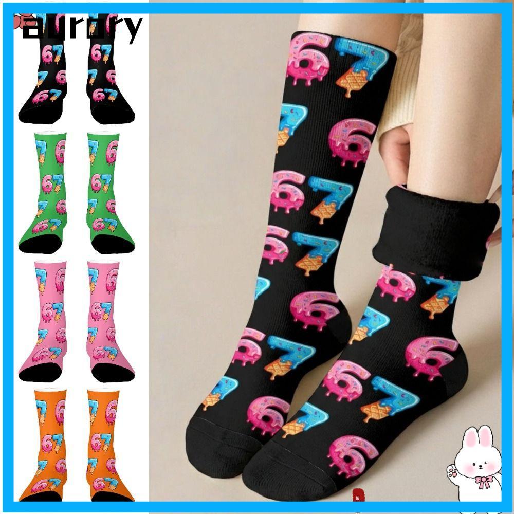 AURORY 67 Meme Crew Tất Dài, Cotton Ấm 67 Meme Kem Tất, Ngộ nghĩnh Thoáng Khí Nhẹ Hoạt Hình Sáng Tạo