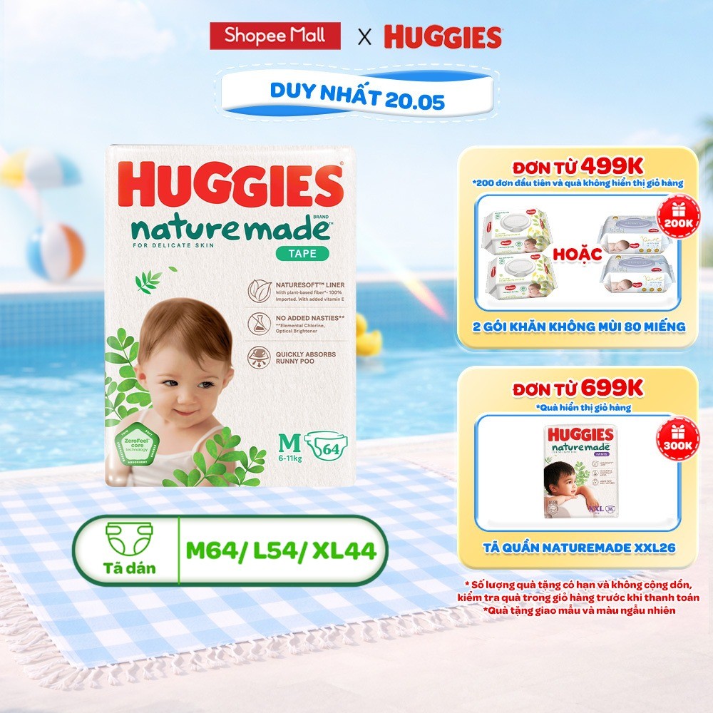 Tã/Bỉm dán Huggies NatureMade M64/L54/XL44