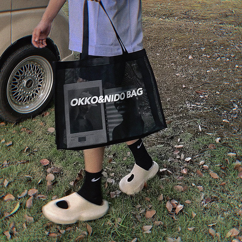 OKKO Hàng Hóa Đen Mờ Sàn Catwalk Gạc Vai Túi Mua Sắm Túi Tote Lưới Đi Biển Lưu Trữ Du Lịch
