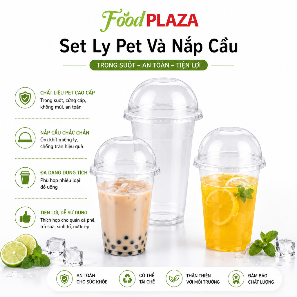 Ly PET Kèm Nắp Cầu 400ml 500ml 700ml Chắc Chắn, Tiện Dụng Cho Quán
