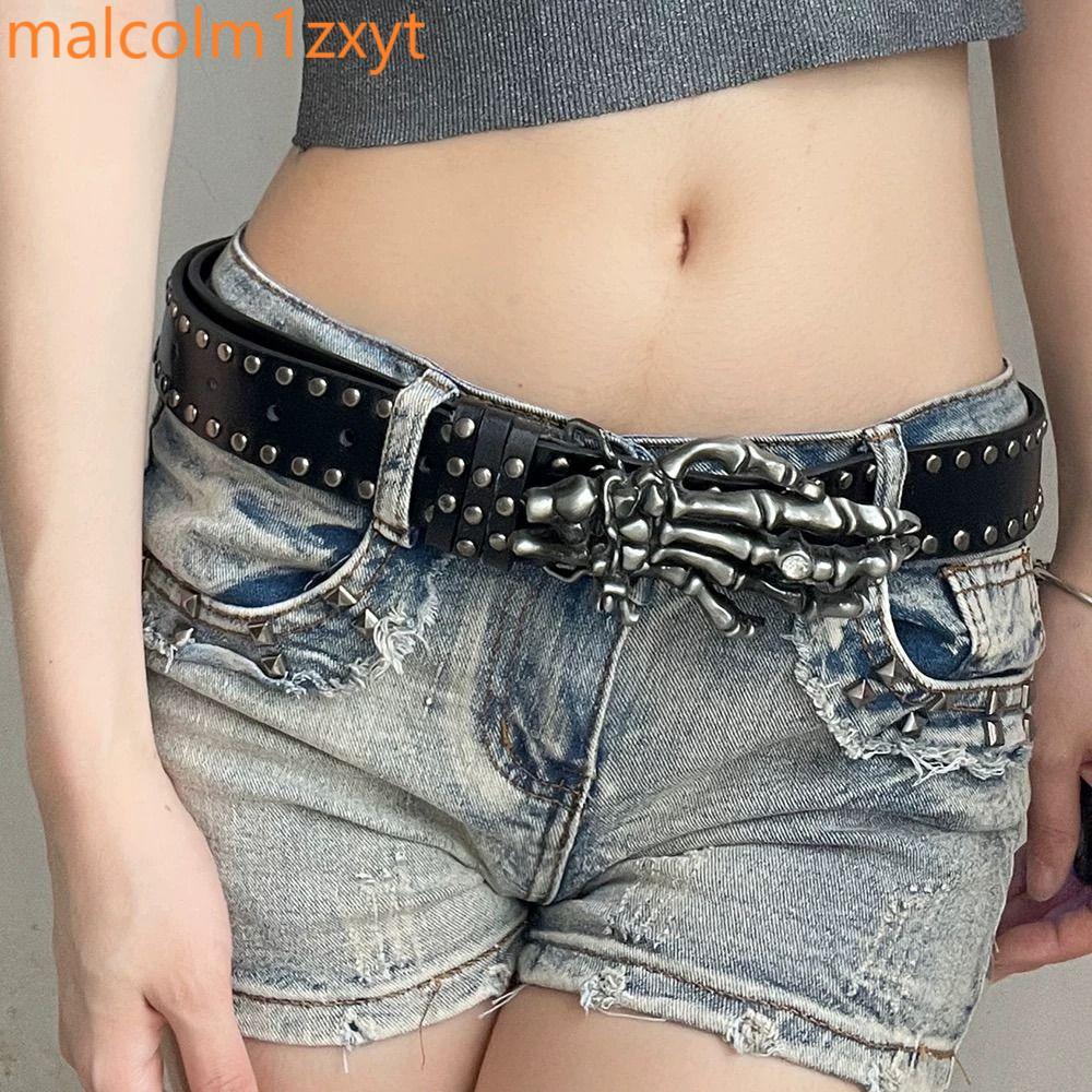 Dây thắt lưng rộng đầu lâu KIXON, Đai đinh tán màu đen có thể điều chỉnh mát mẻ, Vintage Y2K Hợp kim