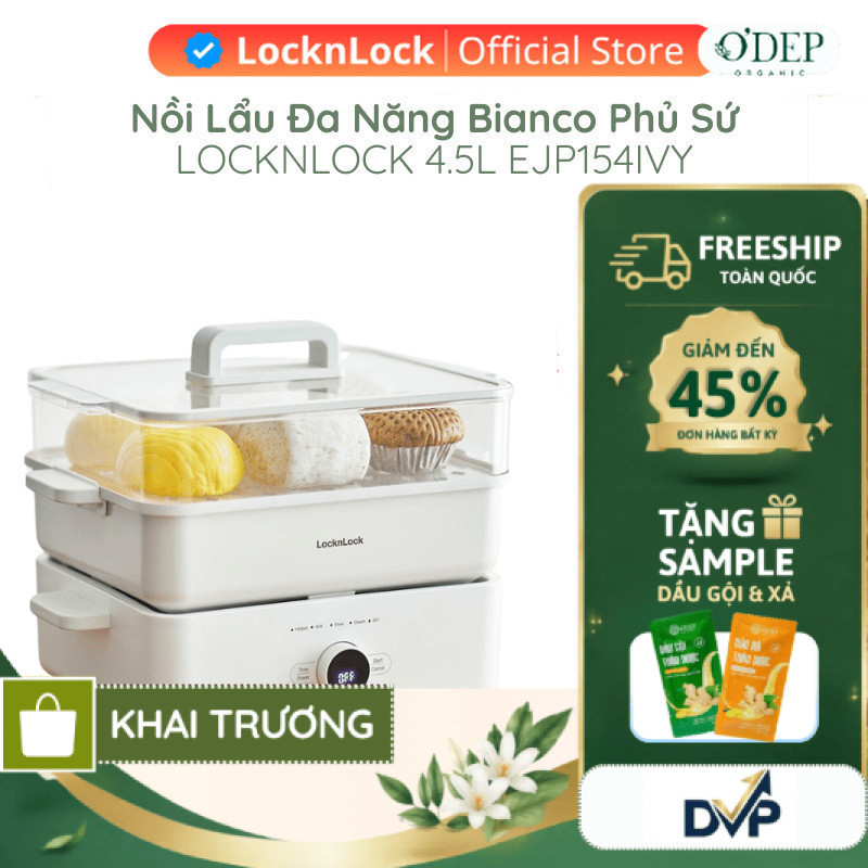 Nồi lẩu đa năng 4.5L Bianco phủ sứ LocknLock, Hàng chính hãng, chống dính, tay cầm cách nhiệt EJP154