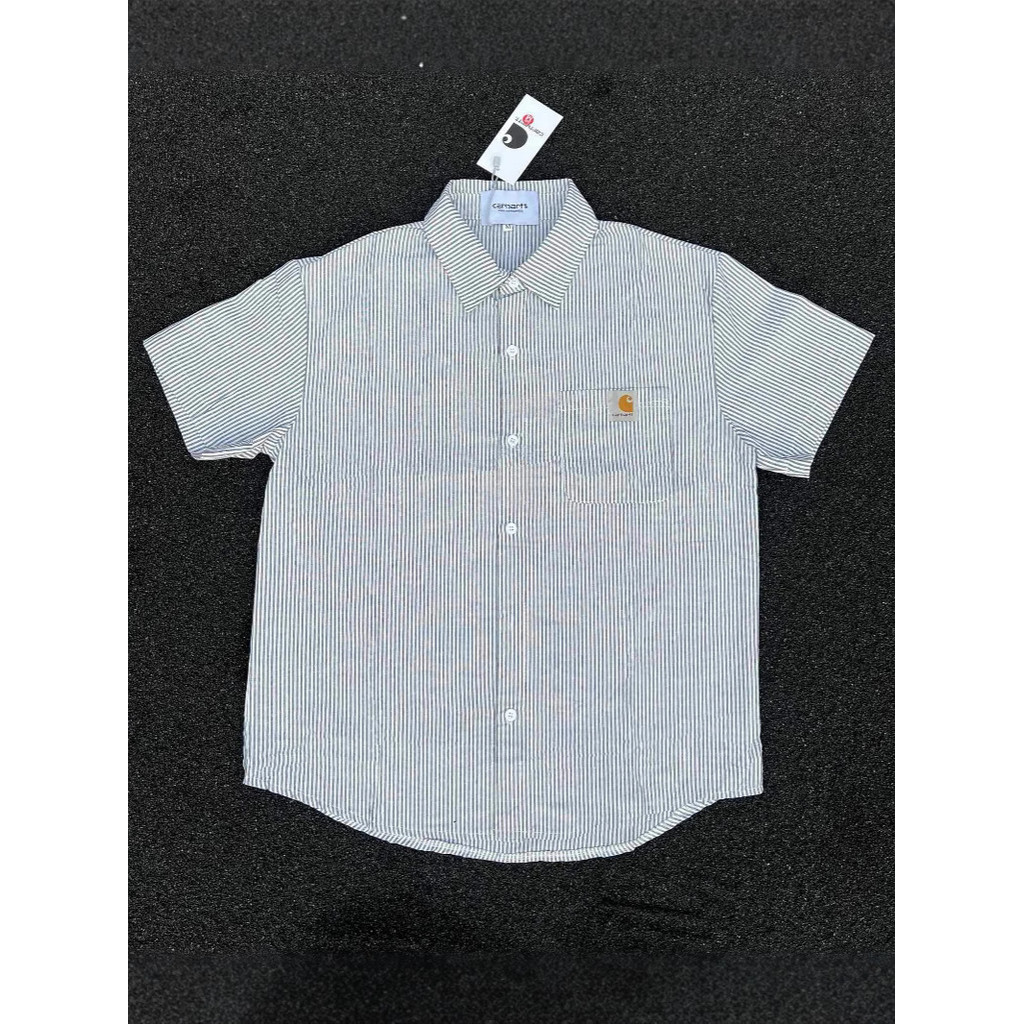 BOBB Car*** Embroidered striped short-sleeve heavy cotton layered basic versatile shirt for couples