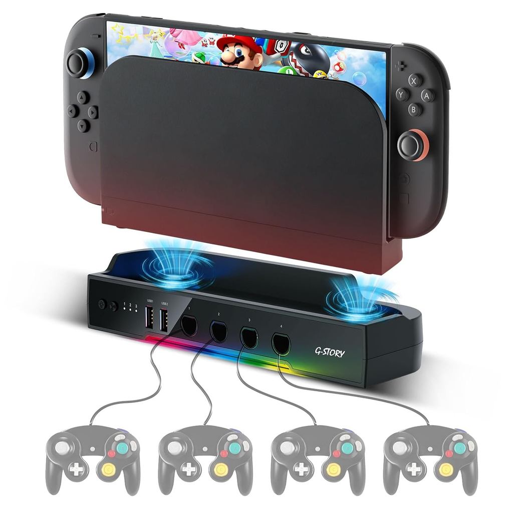 Quạt Làm Mát G-STORY Cho Switch 2 Dock Với Bộ Điều Khiển Gamecube Bộ Chuyển Đổi Đèn RGB 2 Cổng USB, 