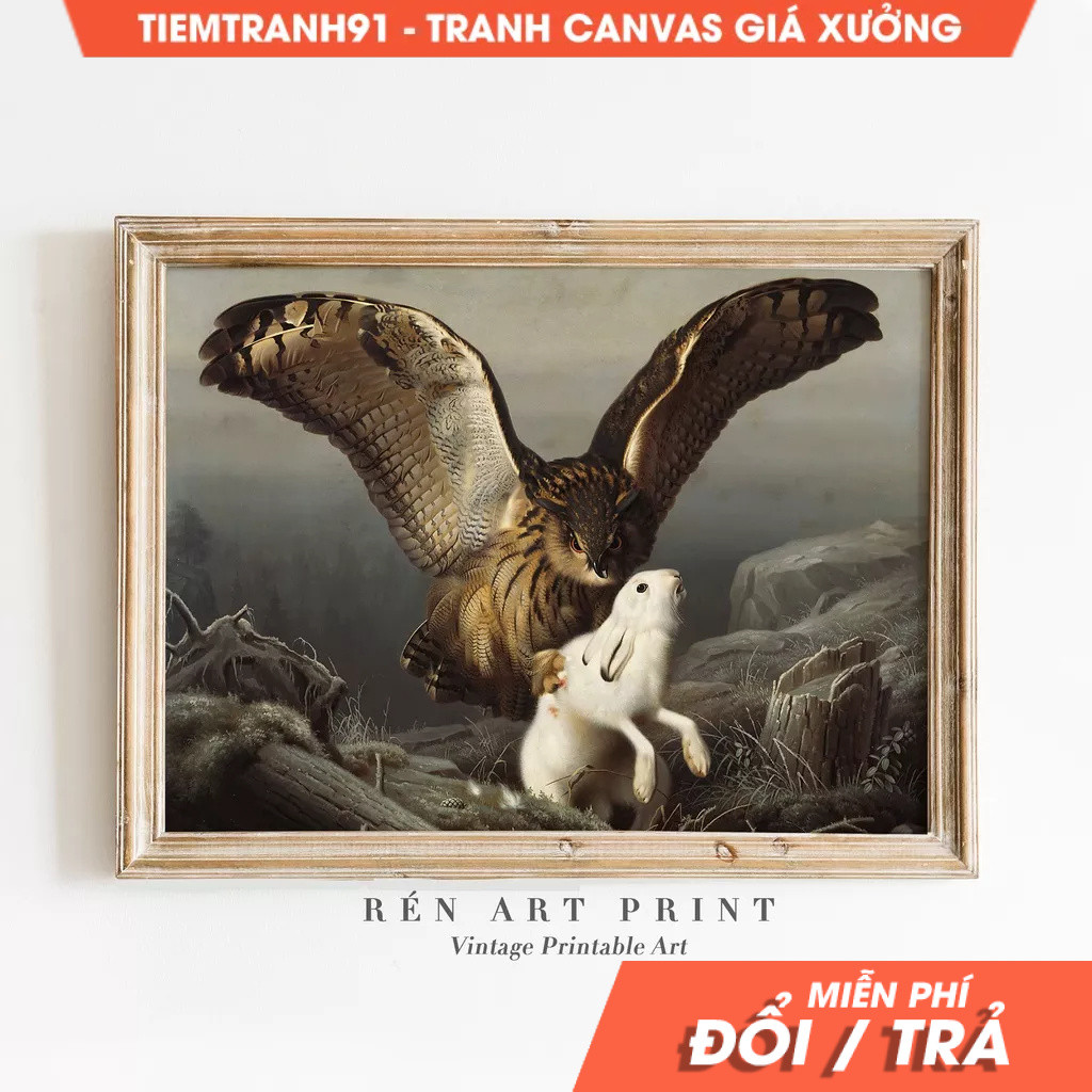 Tranh treo tường, Vintage Owl Painting Antique Animal Wall Art An Eagle-Owl Seizes A Hare Painting O