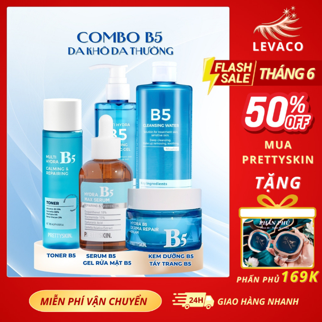 Bộ 5 sản phẩm chăm sóc da B5 da thường da khô, Toner B5, Serum B5 da thường, Kem dưỡng B5, Nước tẩy 